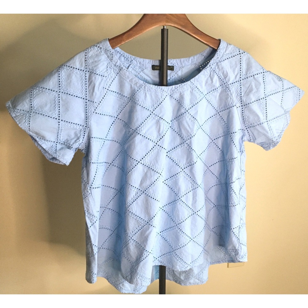 FOR CYNTHIA Sky Blue Eyelet Square Neck Short Sleeve Blouse Women Size L